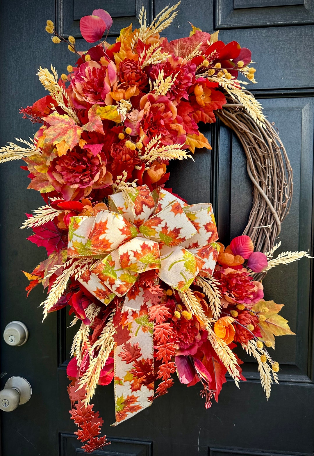 Maple Leaf Fall Wreath With Bow: 22-inch Autumn Door Decor - Etsy
