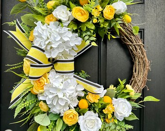 Lemon and Hydrangea Wreath for Front Door w Bow. Spring & Summer wreath for indoor outdoor use, Porch Decor, Housewarming Gift, Custom gift