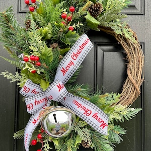 Outdoor Winter Wreath Monogram Available Traditional Farmhouse Christmas Wreath for Front Door with Birch Bow winter greens and berries