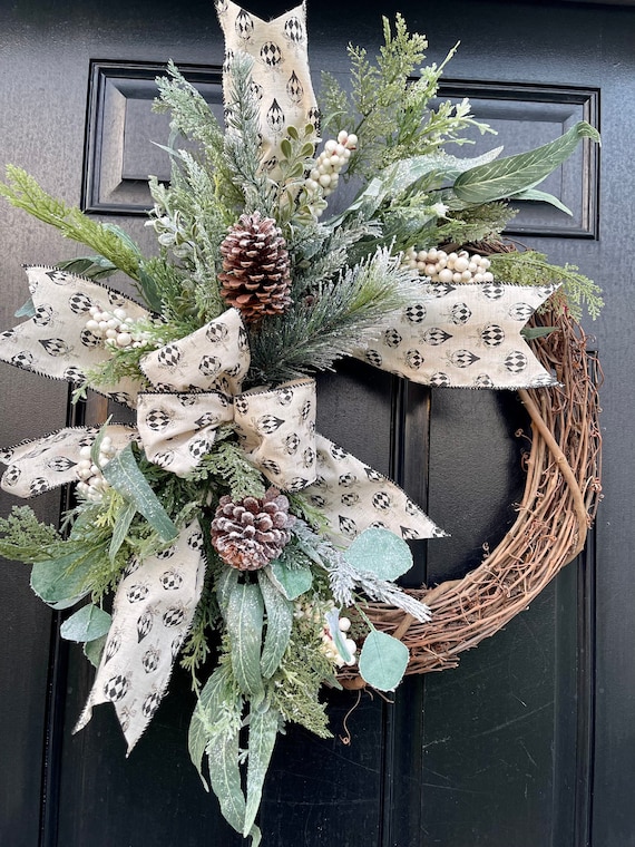 Frosted Christmas Wreath for Front Door With Black and Silver Ribbon With  High Quality Winter Greens, Outdoor Wreath, Modern Farmhouse 