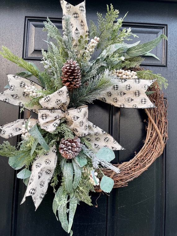 Frosted Christmas Wreath for Front Door With Black and Silver