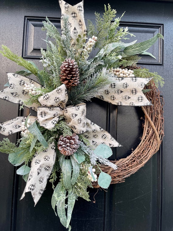 Frosted Christmas Wreath for Front Door With Black and Silver Ribbon With  High Quality Winter Greens, Outdoor Wreath, Modern Farmhouse 