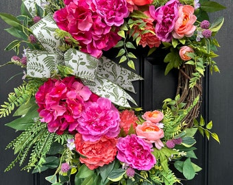 Peony and Hydrangea Designer Spring Wreath for Front Door, Crescent Style Pink and Coral Wreath for Porch, Entryway Decor indoor outdoor use