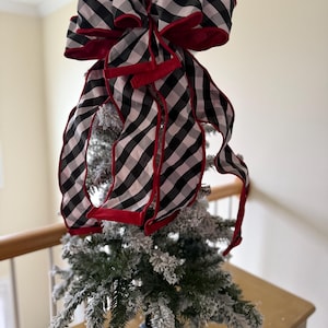 Buffalo Check Ribbon w Red Backing Bow for Tree Topper, XL Bow for Swag, Mailbox,  Mantle Bow, Traditional Handcrafted Bow for Winter,