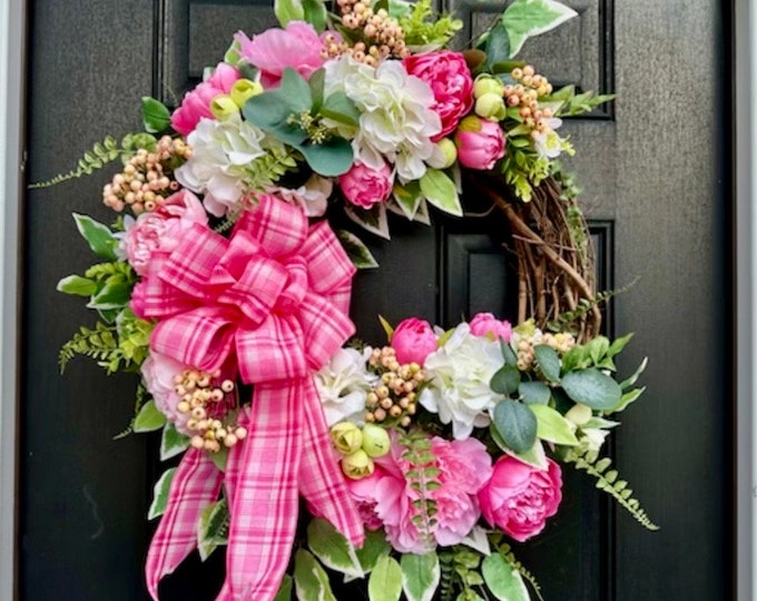 Pink Peony Wreath for Front Door W/ Large Bow for Spring. Spring Wreath ...
