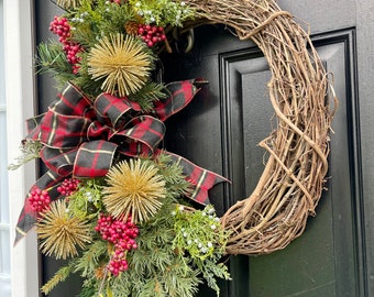 Outdoor Winter Wreath Monogram Available Traditional Farmhouse Christmas Wreath for Front Door with Birch Bow winter greens and berries