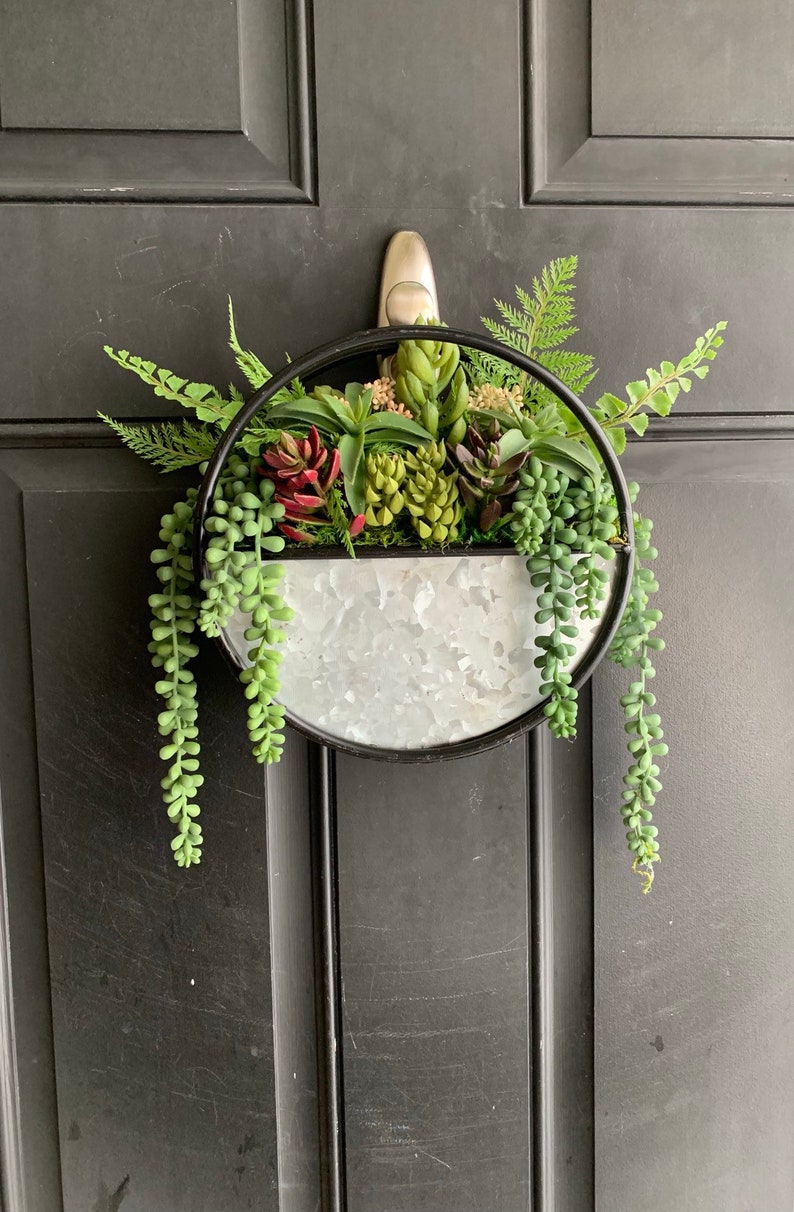 Hanging Artificial Succulent arrangement in metal wheel Etsy