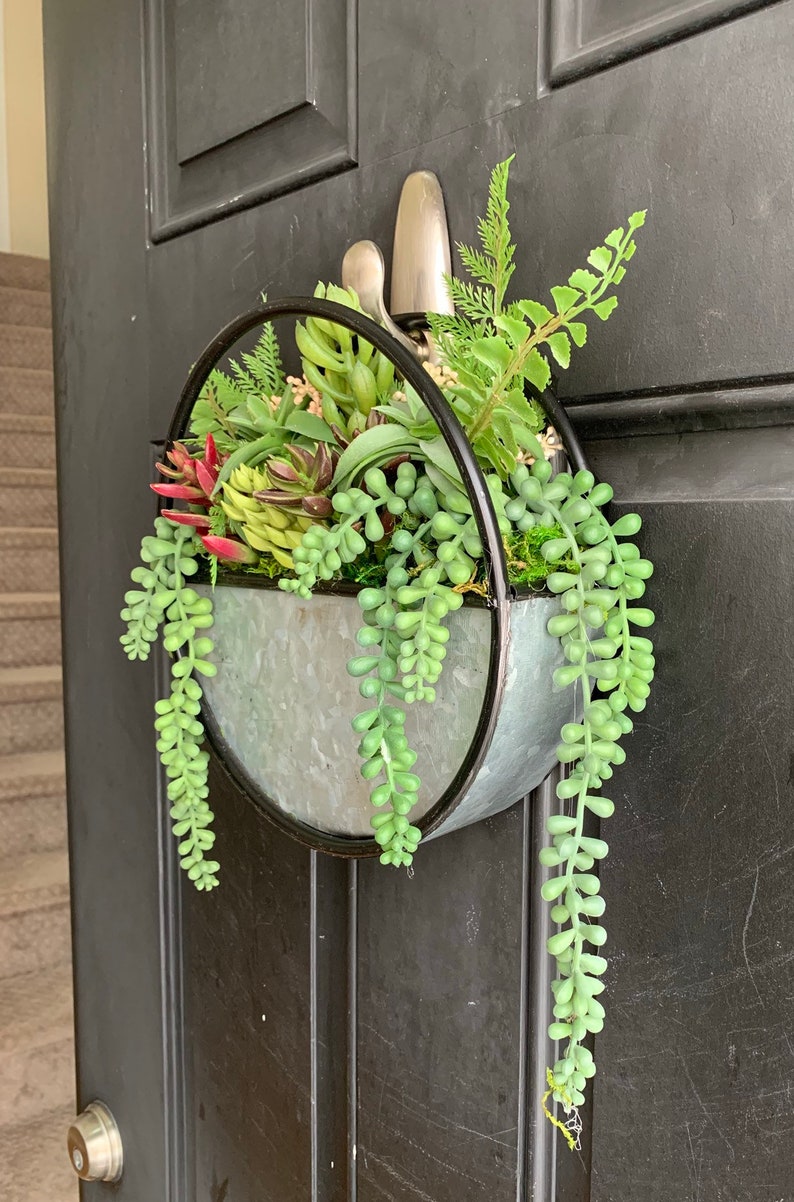 Hanging Artificial Succulent arrangement in metal wheel Etsy