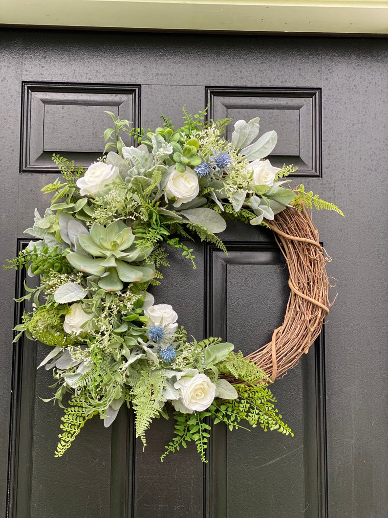 Spring Succulent Wreath for front door with white roses and Etsy
