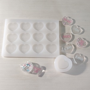 1 inch 12 Conversation heart mold  come with free EZ shaker part rings charms Keychain made to order. no plastic sheet need mini shaker mold