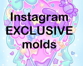 May include: A pink and blue cartoon illustration of a sundae with sprinkles, stars, and a bow. The text "Instagram EXCLUSIVE molds" is written on the sundae.