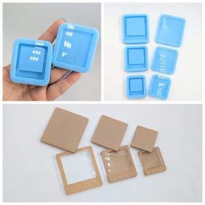 Peut inclure: Ensemble de quatre moules en silicone bleu pour la fabrication de cadres photo en résine. Les moules sont de différentes tailles et ont une forme rectangulaire. Les moules sont sur une surface blanche.
