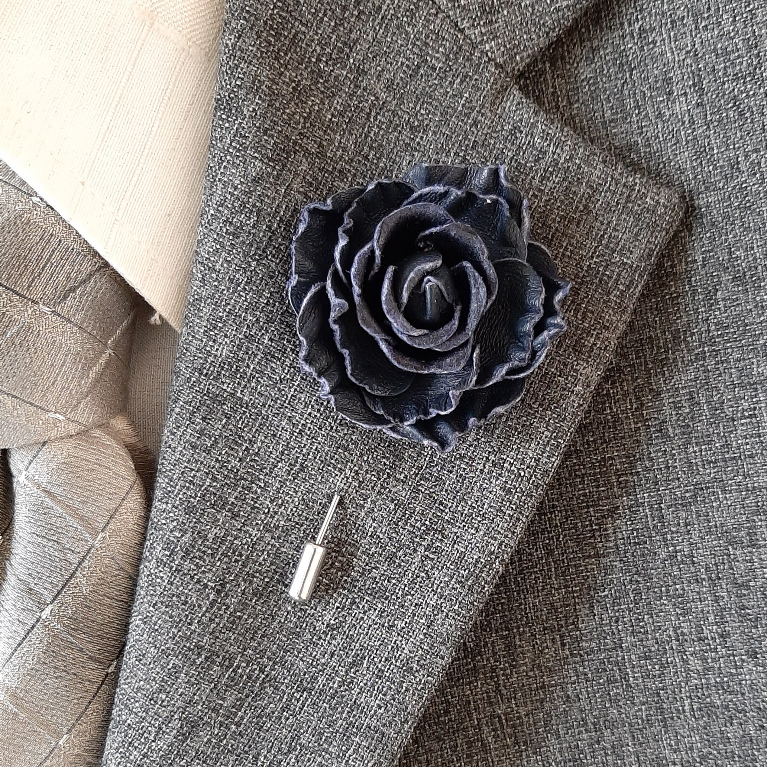 Mourning Men's lapel pin Navy blue leather rose Etsy