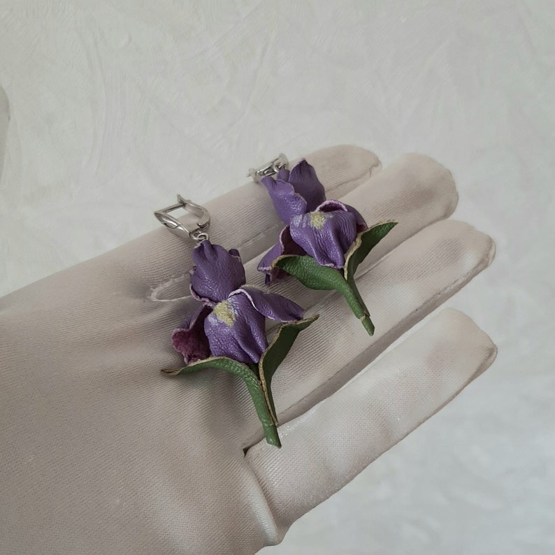 Genuine leather lilac iris earrings 3rd anniversary gift for wife