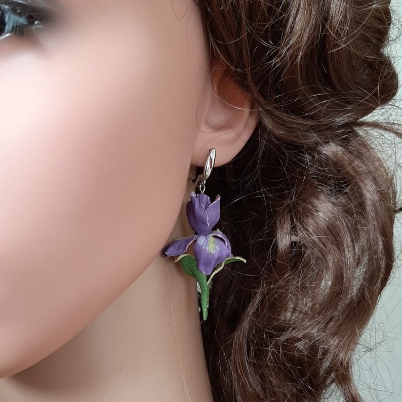 Genuine leather lilac iris earrings 3rd anniversary gift for wife