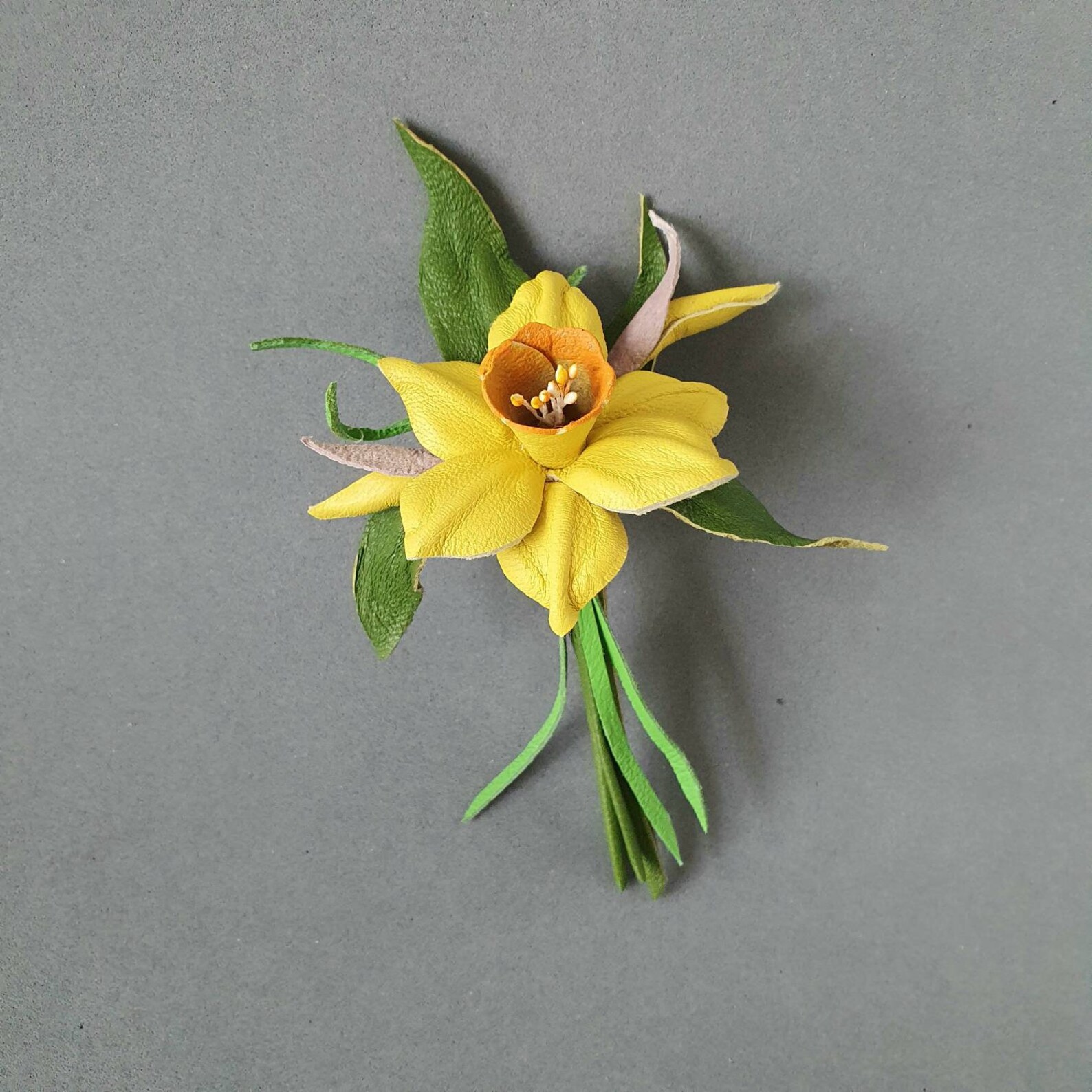 Yellow daffodil leather brooch for women Narcissus flower pin Etsy