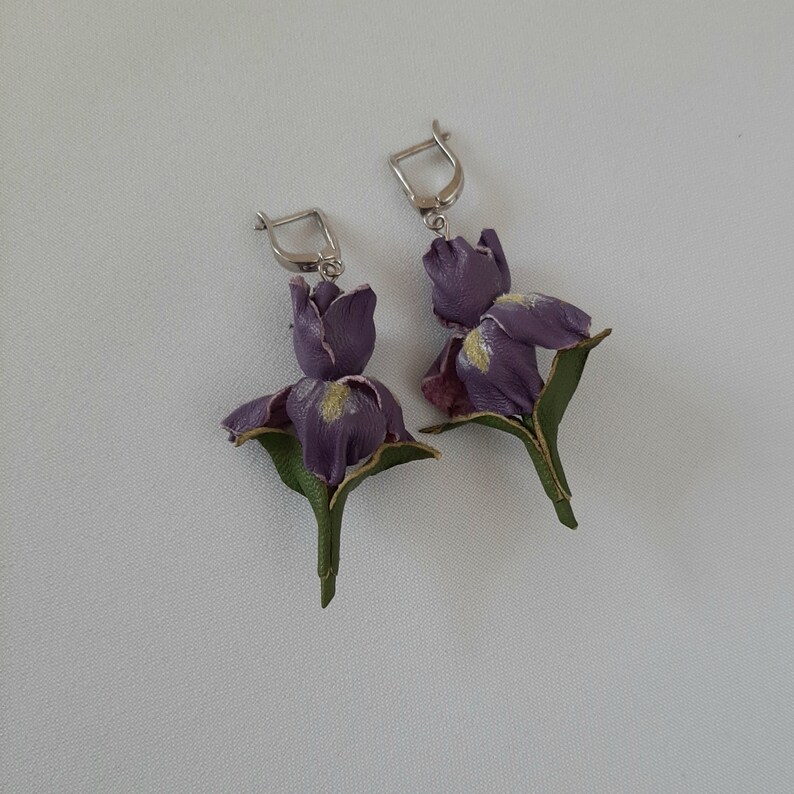 Genuine leather lilac iris earrings 3rd anniversary gift for wife