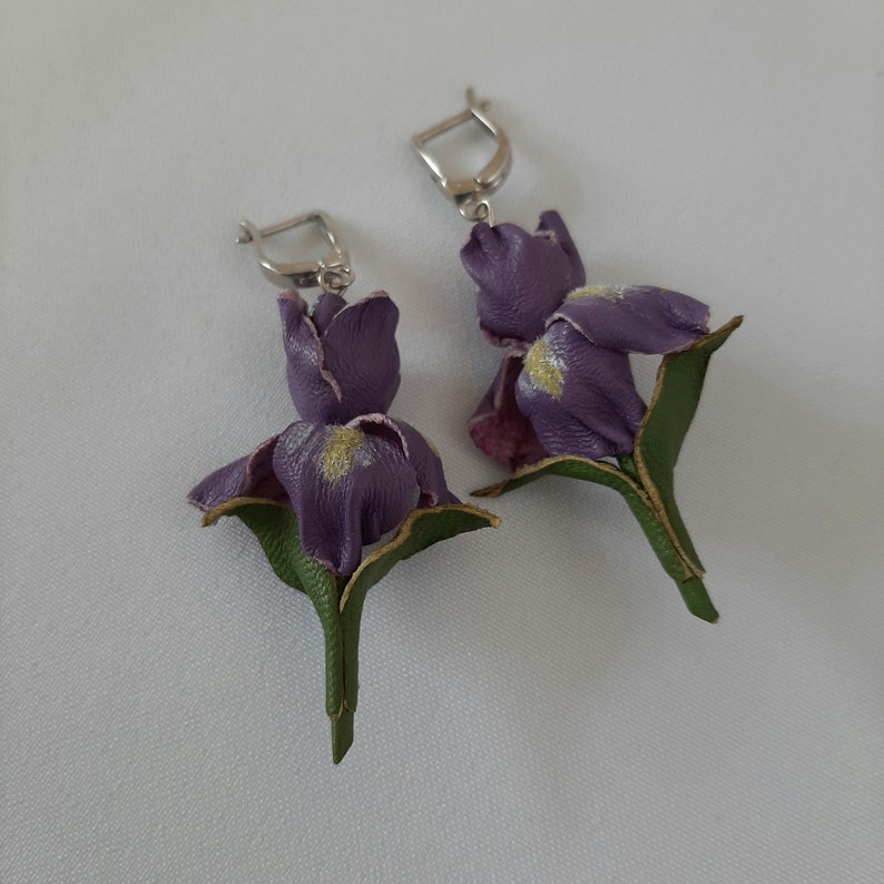 Genuine leather lilac iris earrings 3rd anniversary gift for wife