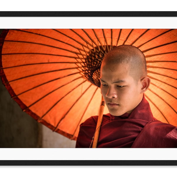 Novice Buddhist Monk, Fine Art Travel Photography, Myanmar, Burma, Inspirational, Soothing Wall Decor, Canvas, Serene, Meditation, Umbrella