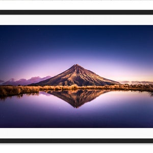 New Zealand Mountain and Lake Art, Taranaki, Reflection, Dawn, Stars, Sunrise Photography, Reflection, Travel Inspiration Print, Calm, Blue