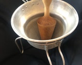 Vintage Aluminum Strainer, Colander, Strainer with Stand and wood Pestle