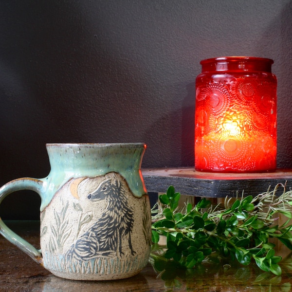 PREORDER Handmade Ceramic Wolf Mug, 14-16 Oz Speckled Coffee Cup, Forest Wolf Pottery, The Clay Moon Made to Order