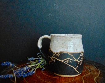 Hand Carved Mountain Mug: Black & White Ceramic Coffee Cup (14-16 oz)