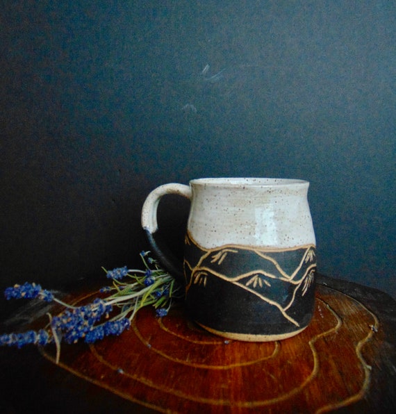 Hand Carved Mountain Mug: Black & White Ceramic Coffee Cup (14-16 oz)
