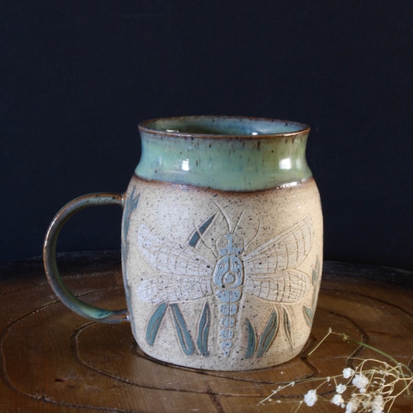 Preorder Handmade Ceramic Dragonfly Coffee Mug: Carved Stoneware, Teal Green