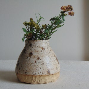 May include: A handmade ceramic vase with a speckled, off-white glaze and a textured, light brown base. The vase holds a small arrangement of dried flowers and greenery, adding a touch of natural decor. The vase is approximately 6 inches tall.