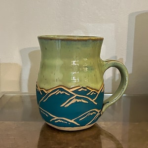 Preorder Modern Ceramic Mountain Mug |Teal 14-16 Coffee Cup | Hand Carved Mug |  Unique Pottery Mug | Made to Order