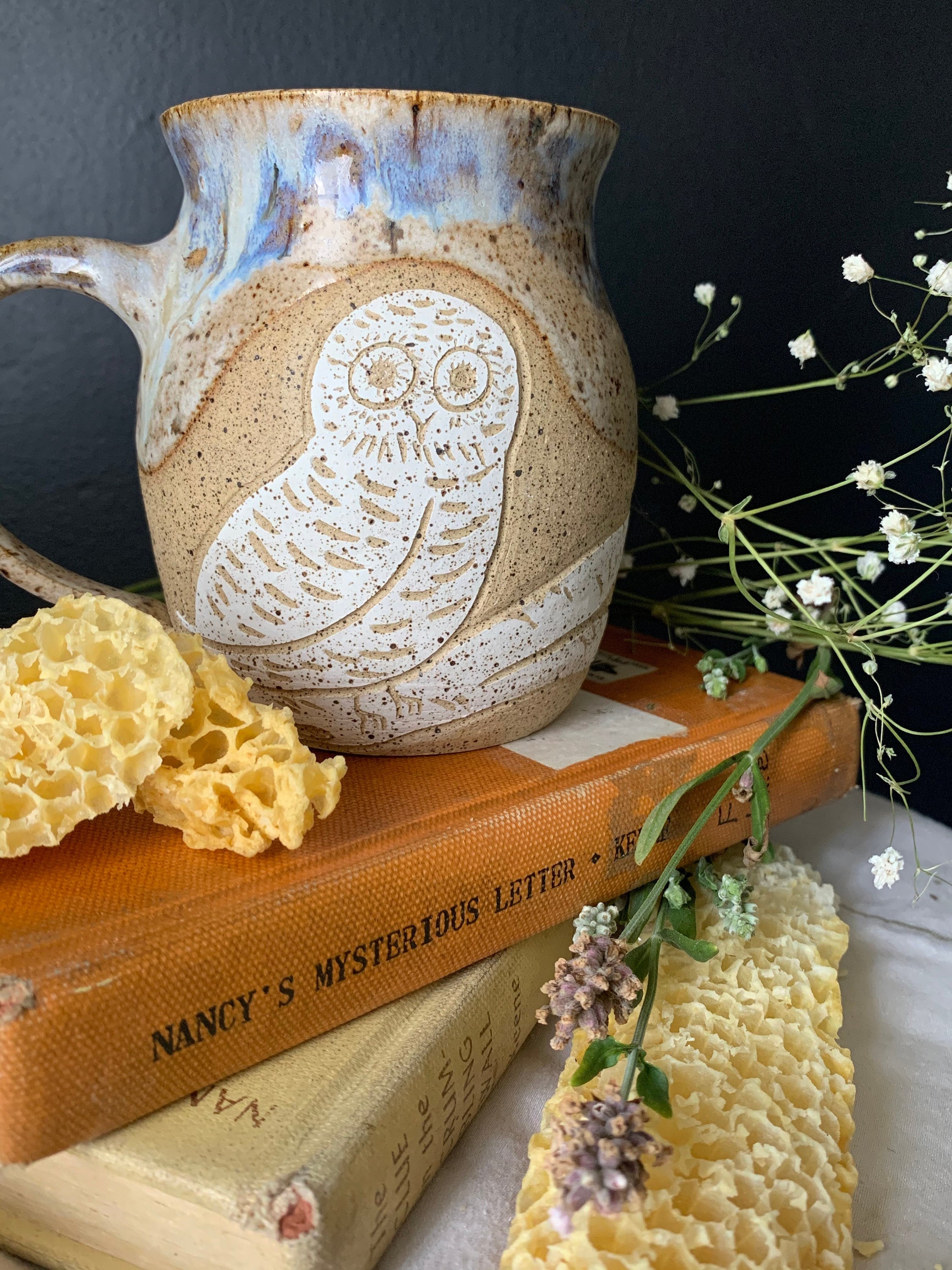 PREORDER handmade Ceramic Snow Owl Mug, 16 oz Hand Carved Owl Coffee Cup, Nature Inspired Ceramic Mu