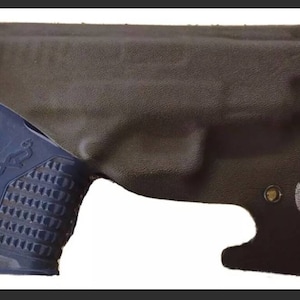May include: A black leather holster with a blue and black handgun inside. The holster has a silver logo on the side.