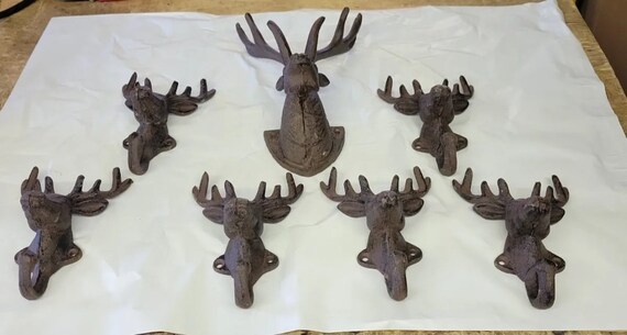 6 Rustic Elk Deer Moose Head Hooks & LG CENTER PIECE Cast Iron Coat Hooks 