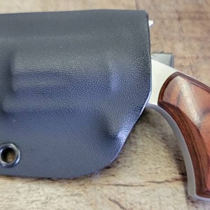 May include: A small, silver revolver with a wooden grip is in a black leather holster. The holster has two metal snaps.