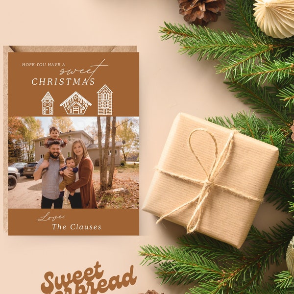 Merry Christmas Card Template Digital Download Family Photos Boho Cute Holiday Picture Card Mail Ornament Brown Gingerbread Neutral Icing