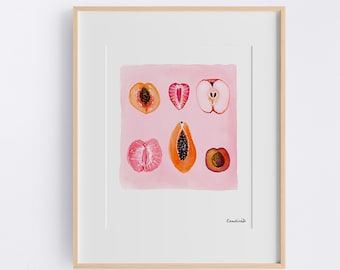 Sliced Feminine Fruit Art Print | Original Watercolor Giclee | Signed Botanical Wall Art | Modern Kitchen Decor | Unique Feminist Art