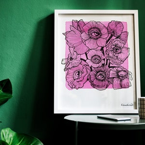 Lámina artística Ojos de Amapola / Arte mural floral surrealista / Ilustración botánica / Decoración de naturaleza caprichosa / Lámina sin marco