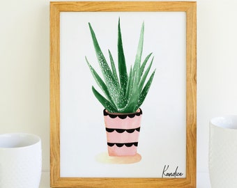Minimalist Aloe Potted Plant Painting. Signed Art Print