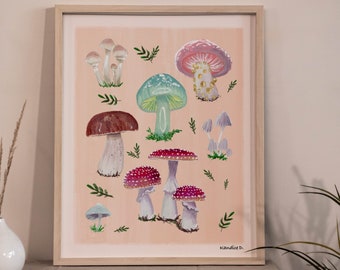 Mushroom Motif with Botanicals. Signed Art Print