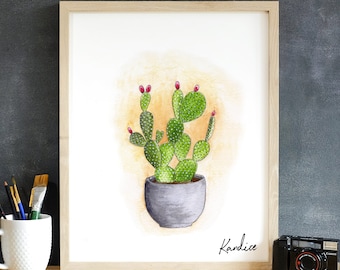 Prickly Pear Cactus Art Print Cactus Painting Wall Print, Colorful ...