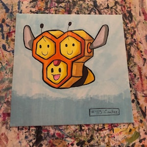 May include: A hand-painted illustration of Combee, a Pokemon with a yellow and orange honeycomb body, on a blue background. The illustration is signed with the Pokemon number and name, #415: Combee.
