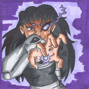 May include: A woman with black hair and a purple glow around her is holding her hand out with a glowing purple orb in her palm. She is wearing a black shirt and a silver arm brace.
