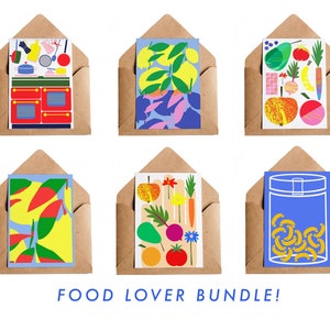 Foodiebundel van 6 | Kaartbundel | Geïllustreerde wenskaartenset | Kaartpakket | Fruit | Bakken | Koken | Keuken | Tuinieren | Pasta