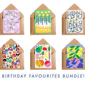 Birthday Favourites Bundle of 6 Card Bundle Illustrated Greeting Cards Set Card Pack Happy Birthday Cake image 1