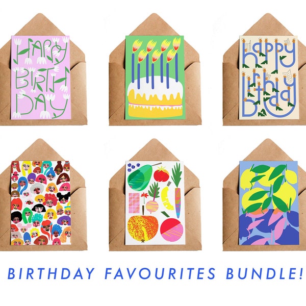 Verjaardagsfavorietenbundel van 6 | Kaartbundel | Geïllustreerde wenskaartenset | Kaartpakket | Fijne verjaardag | Taart