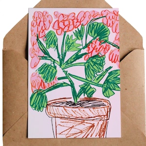 Biglietto di geranio rosa, A6 / Disegno di album da disegno Vasi di terracotta / Piante da appartamento Interni Studio / Pensando a te / Regalo per un amico Fiori