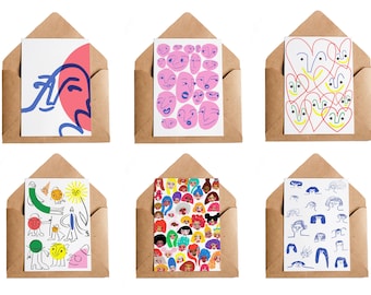 Favoriete gezichtenbundel van 6 | Kaartbundel | Geïllustreerde wenskaartenset | Kaartpakket | Gezichtsafdruk | Meisjes