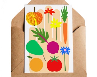 After The Garden Card, A6 | Apple Pear Orange Tomato Beetroot | Flowers Allotment Gardening Veg Growing