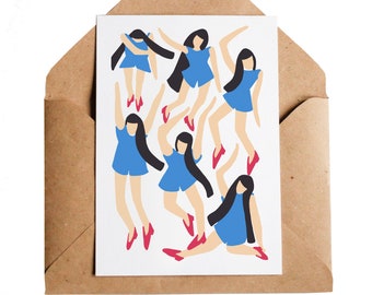 Dancing Girls Card, A6 | Celebrating Women | Girl Power | Girlfriends Gift Party Dance Red Shoes Blue Playsuit Long Hair